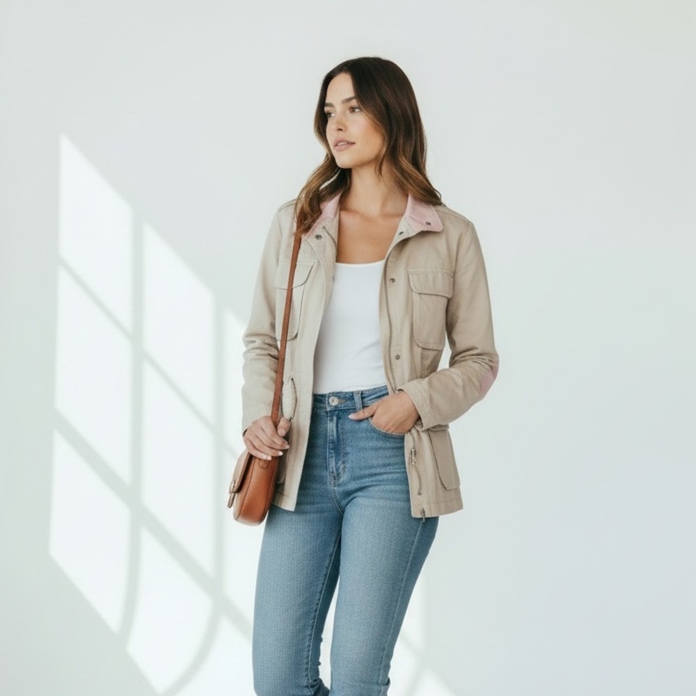 Love Tree Beige Utility Jacket with Pink Collar and elbow Accent 100% cotton